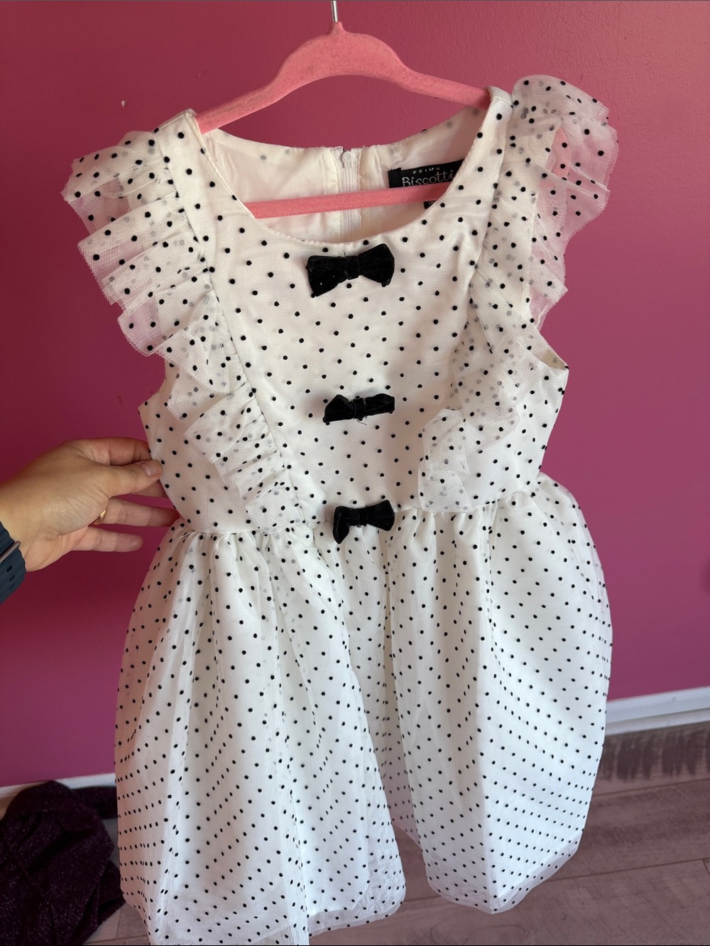 Biscotti White Polka Dot Dress with Black Velvet Bows